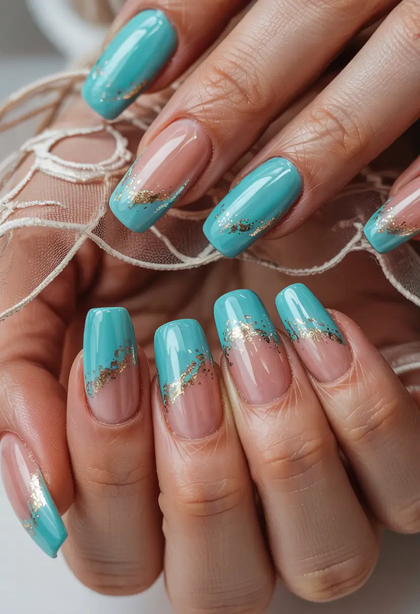 july nails ideas 2025 Turquoise Tips with Gold Accent