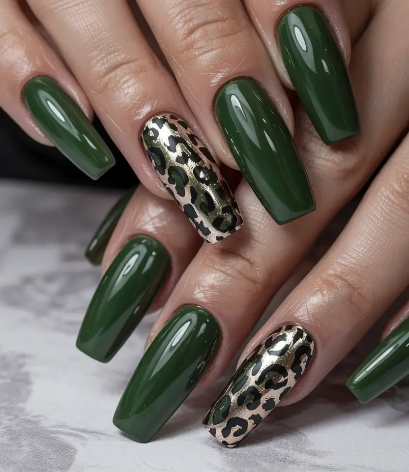 july nails ideas 2025 Olive Green Meets Wild Leopard