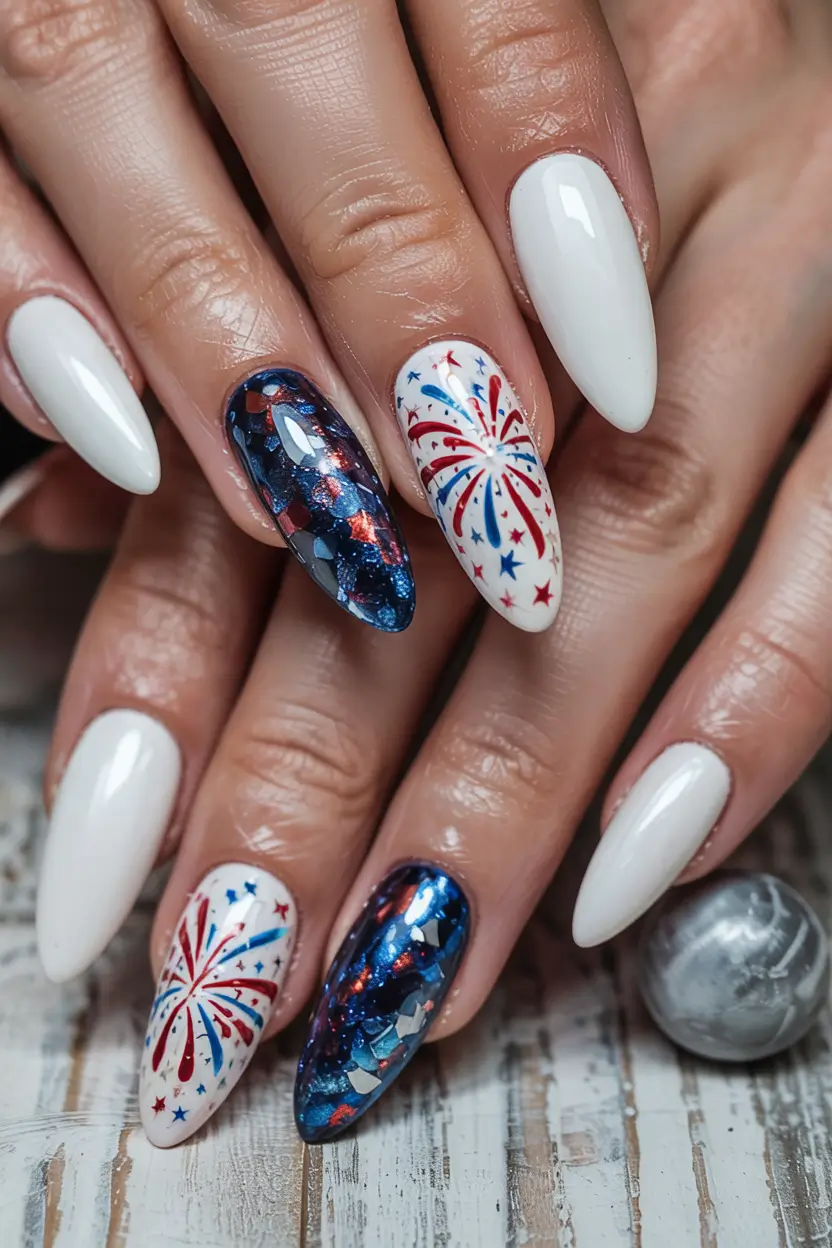 july nails ideas 2025 Fireworks and Sparkle for a Full-On Fourth