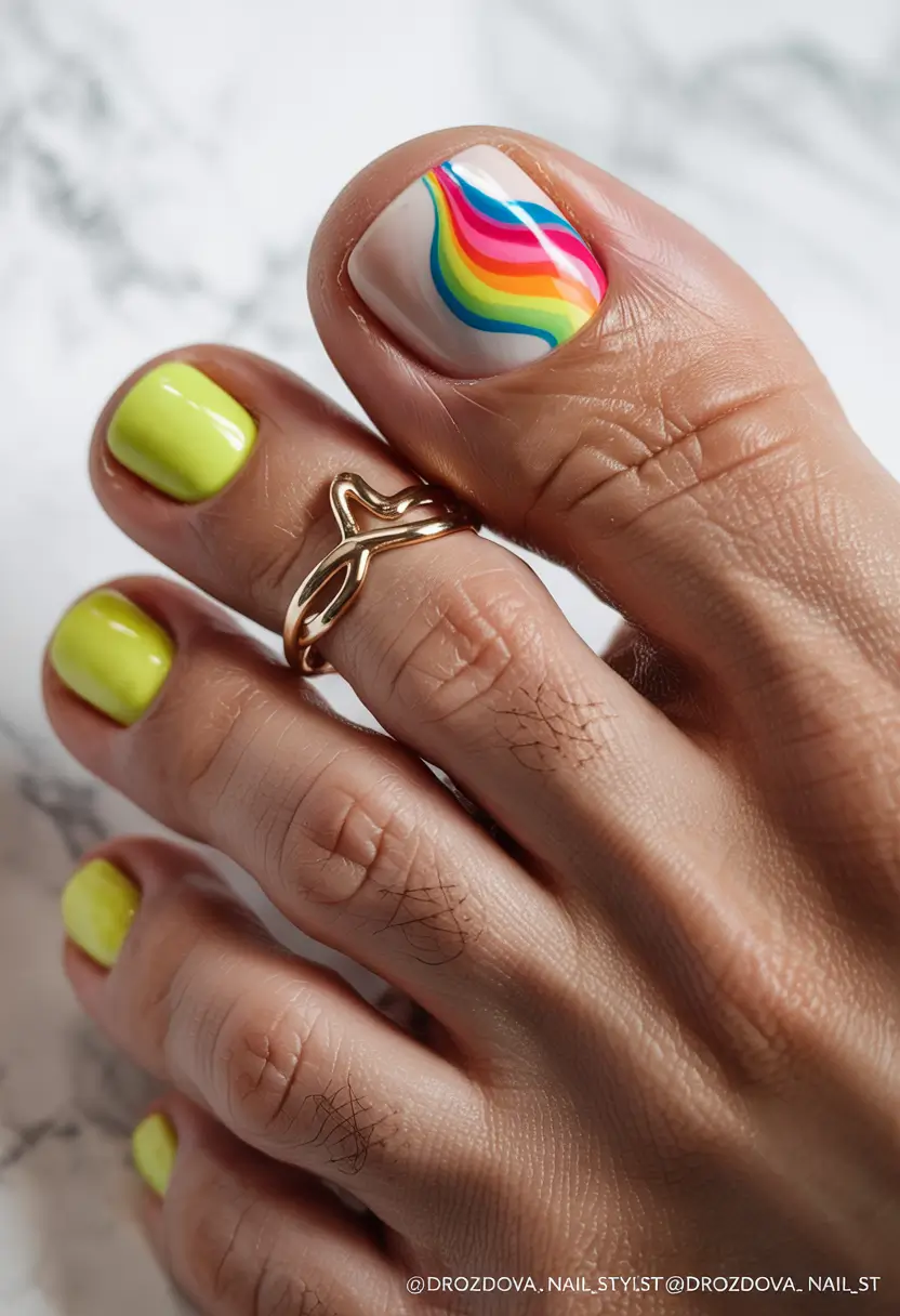 june toe nails ideas 2025 Rainbow Groove and Lime Pop