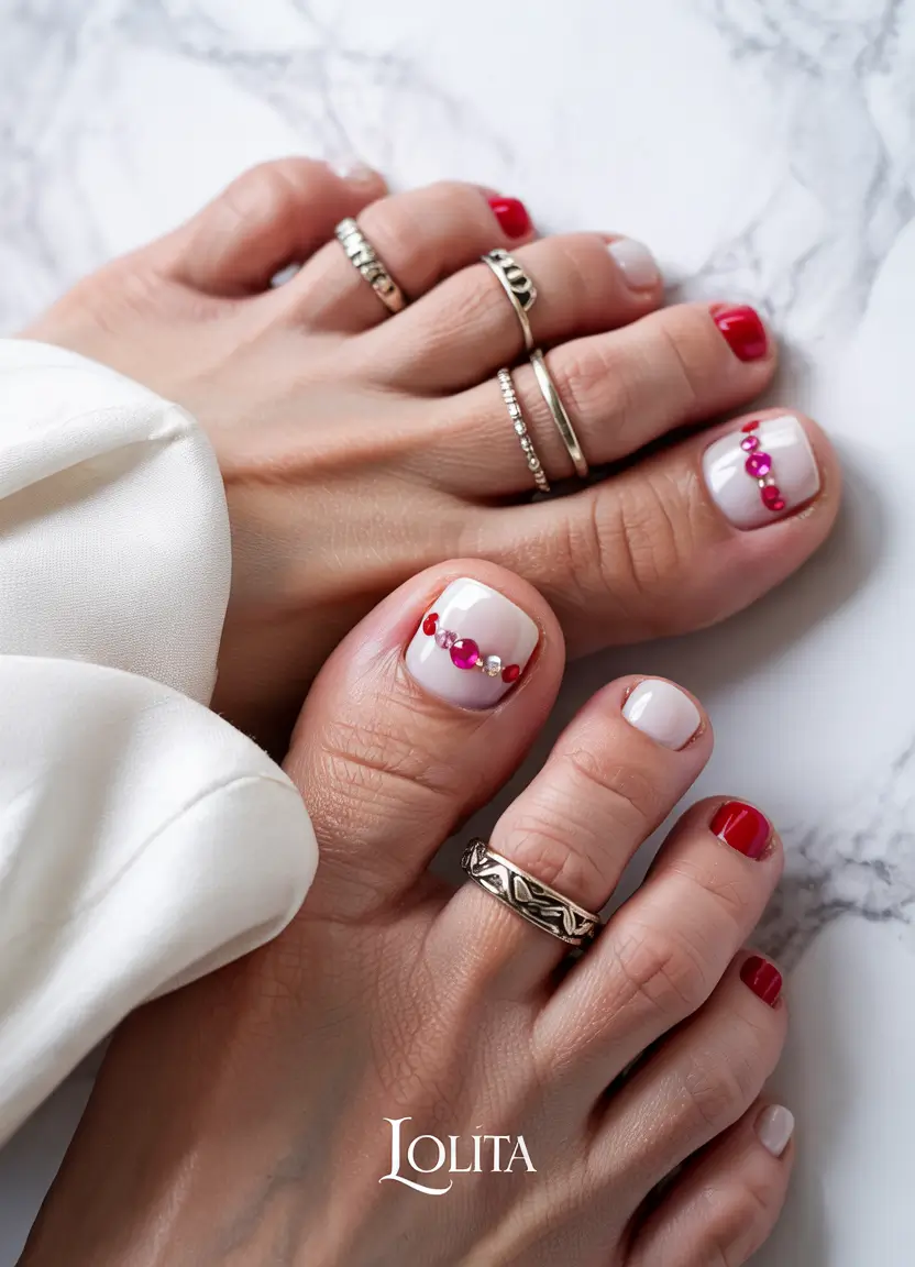 june toe nails ideas 2025 Gems & Gloss Combo