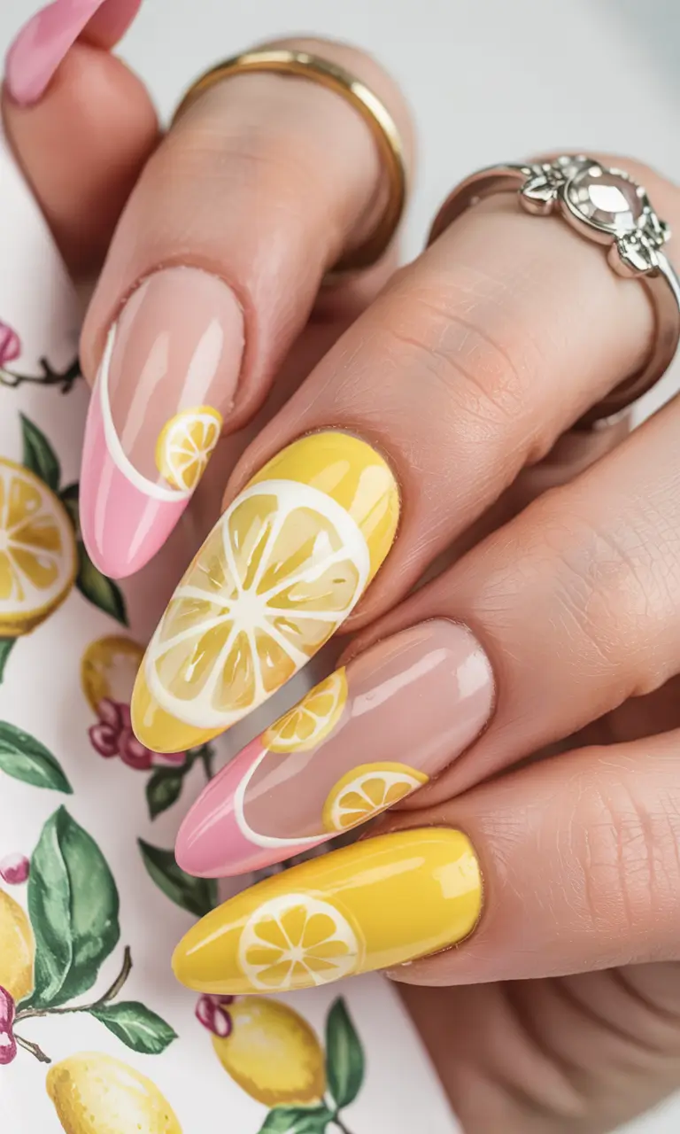 lemon nails designs ideas 2025 Yellow Slices & Pink Lemonade Dreams
