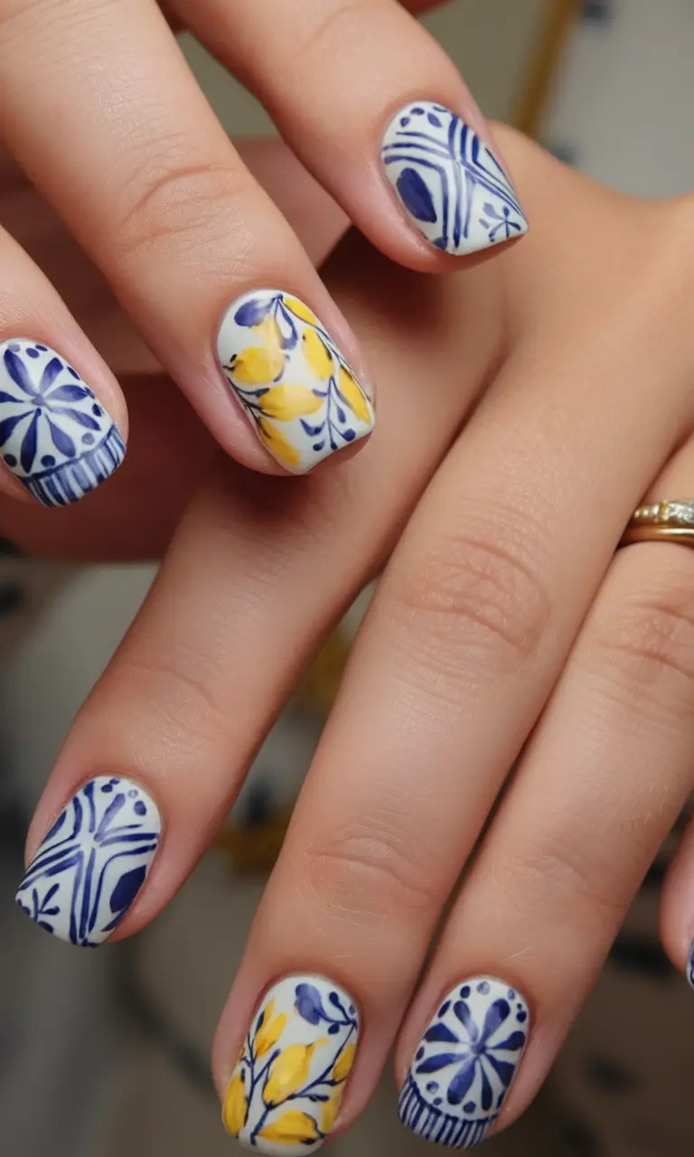 lemon nails designs ideas 2025 Blue Tile Meets Lemon Orchard