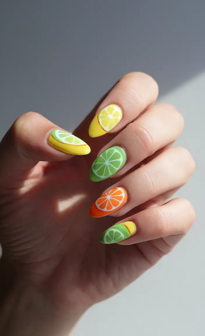 lemon nails designs ideas 2025 Citrus Rainbow on Almond Tips