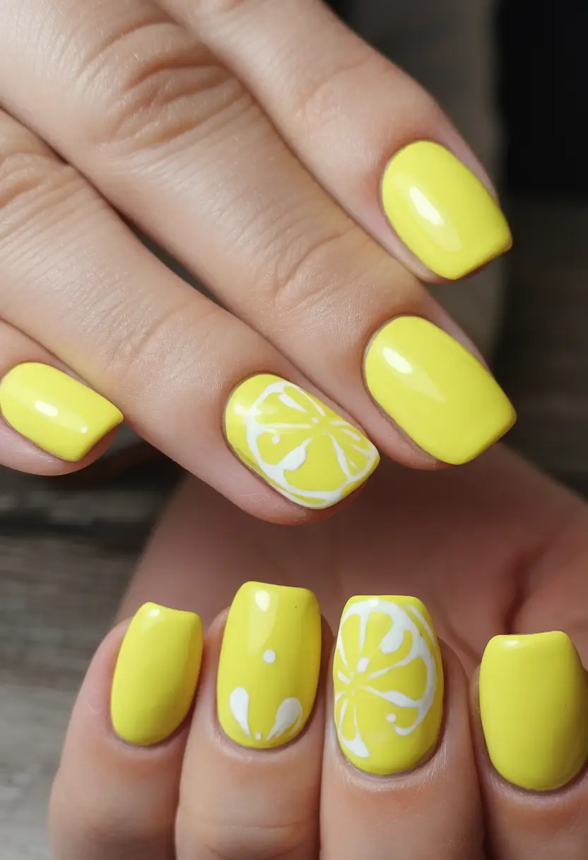 lemon nails designs ideas 2025 Glossy Lemon Butter with White Citrus