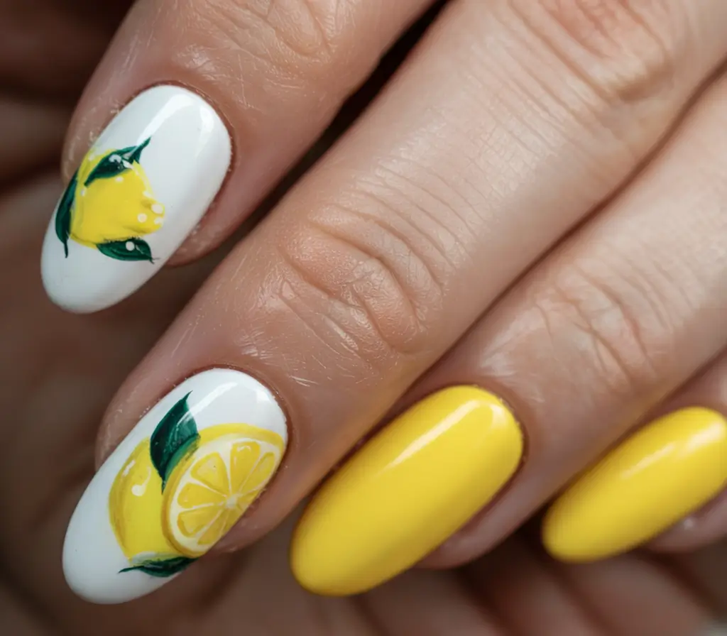 lemon nails designs ideas 2025 Hand-Painted Citrus Garden