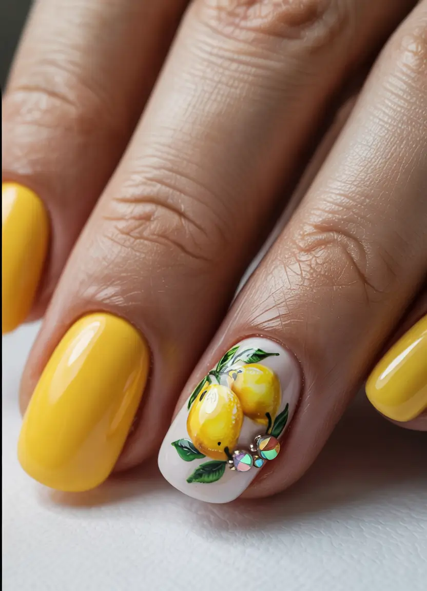 lemon nails designs ideas 2025 Glossy Lemons with Gemstone Spark