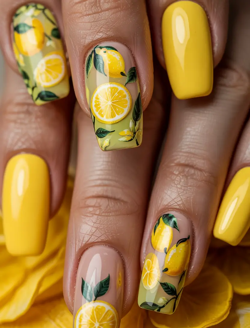lemon nails designs ideas 2025 Citrus Explosion on Long Square Tips