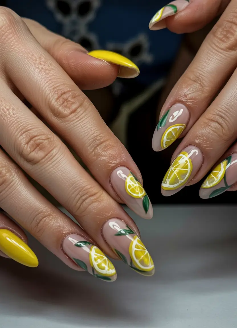 lemon nails designs ideas 2025 Almond Zest with Glossed Lemons