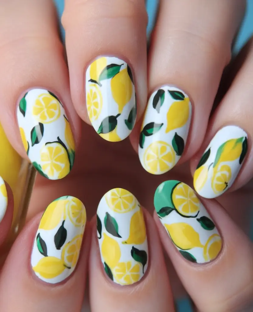 lemon nails designs ideas 2025 Whimsical White Lemon Wrap