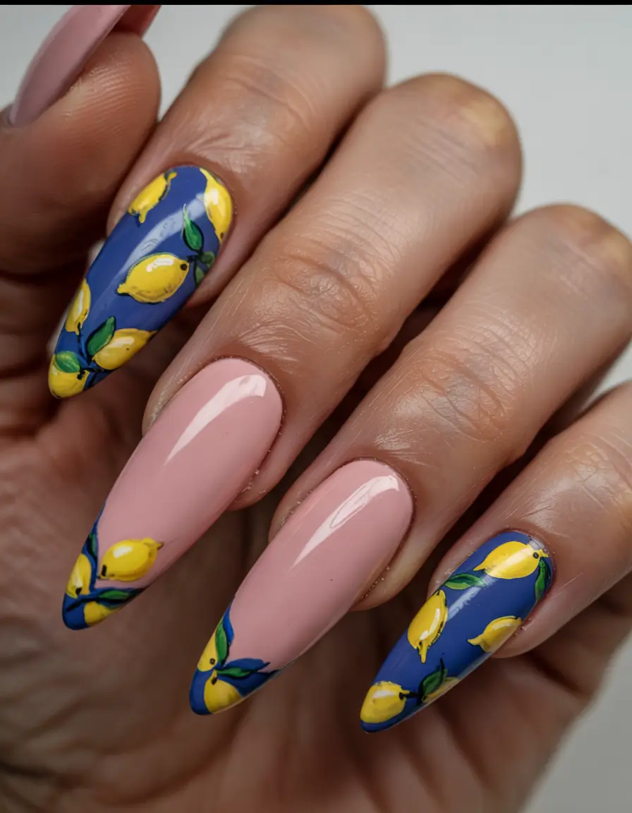 lemon nails designs ideas 2025 Pink Gloss & Blueberry Lemons