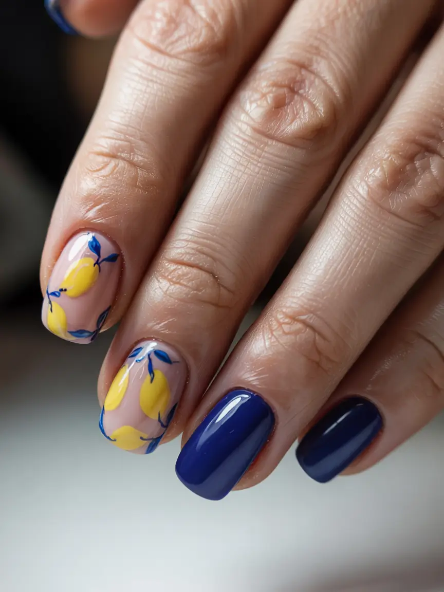 lemon nails designs ideas 2025 Short Citrus Garden in Sapphire