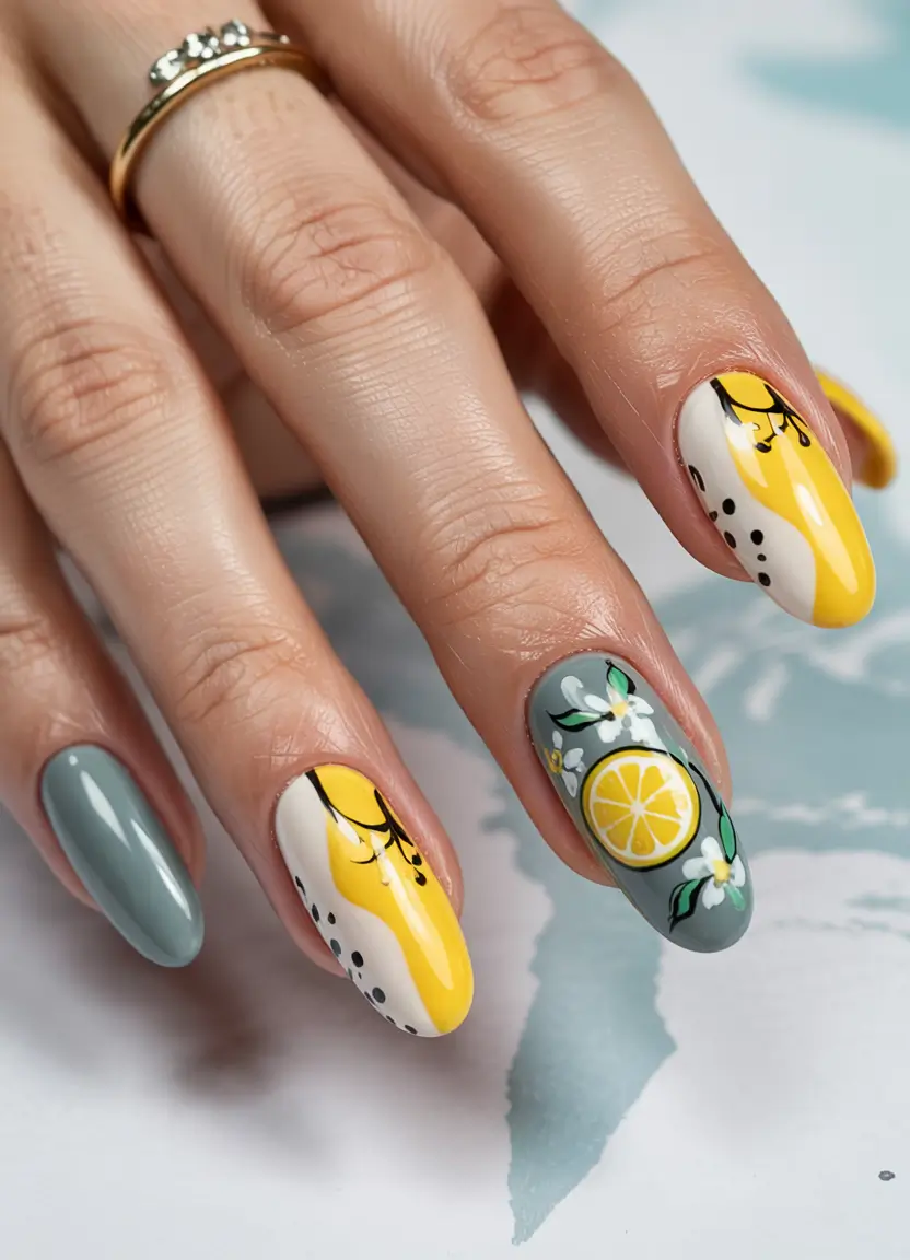 lemon nails designs ideas 2025 Abstract Lemon Blossom Story