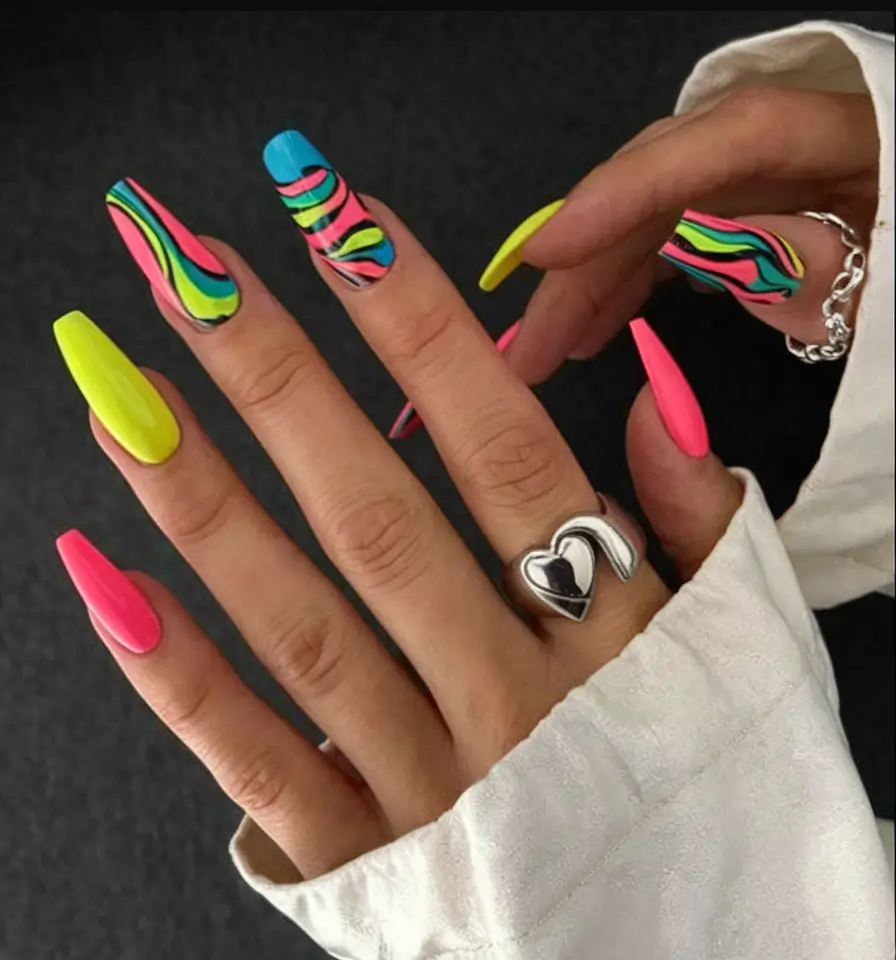 must try nail designs for summer 2025+Neon Psychedelic Drip