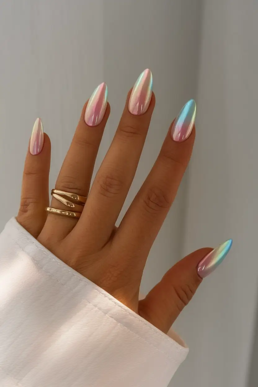must try nail designs for summer 2025+Iridescent Rainbow Chrome