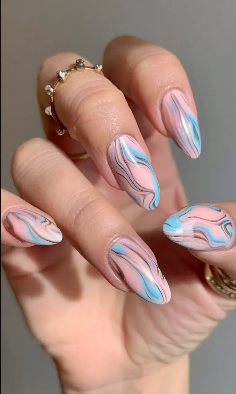 must try nail designs for summer 2025+Pastel Marble Swirl Magic