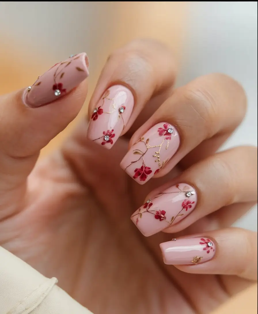 must try nail designs for summer 2025+Pressed Florals with Ruby Accents