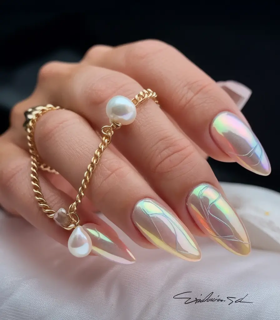 must try nail designs for summer 2025+Iridescent Shell Shine