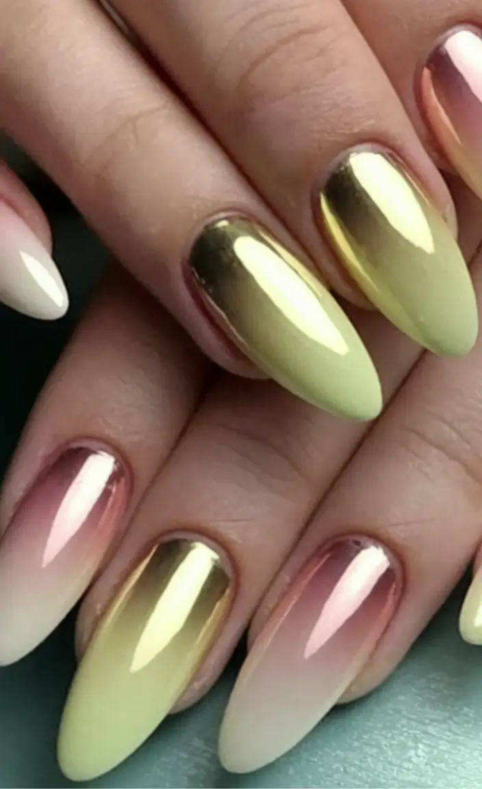 nail inspo for summer 2025 Golden Ombre Mirror Shine
