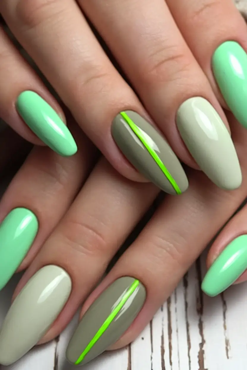 nail inspo for summer 2025 Mint and Olive with Neon Accents
