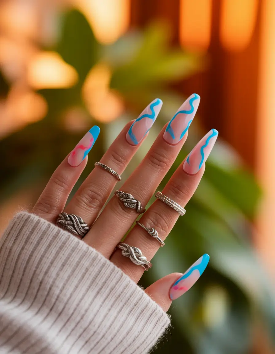 nail inspo for summer 2025 Abstract Lines in Blue and Pink