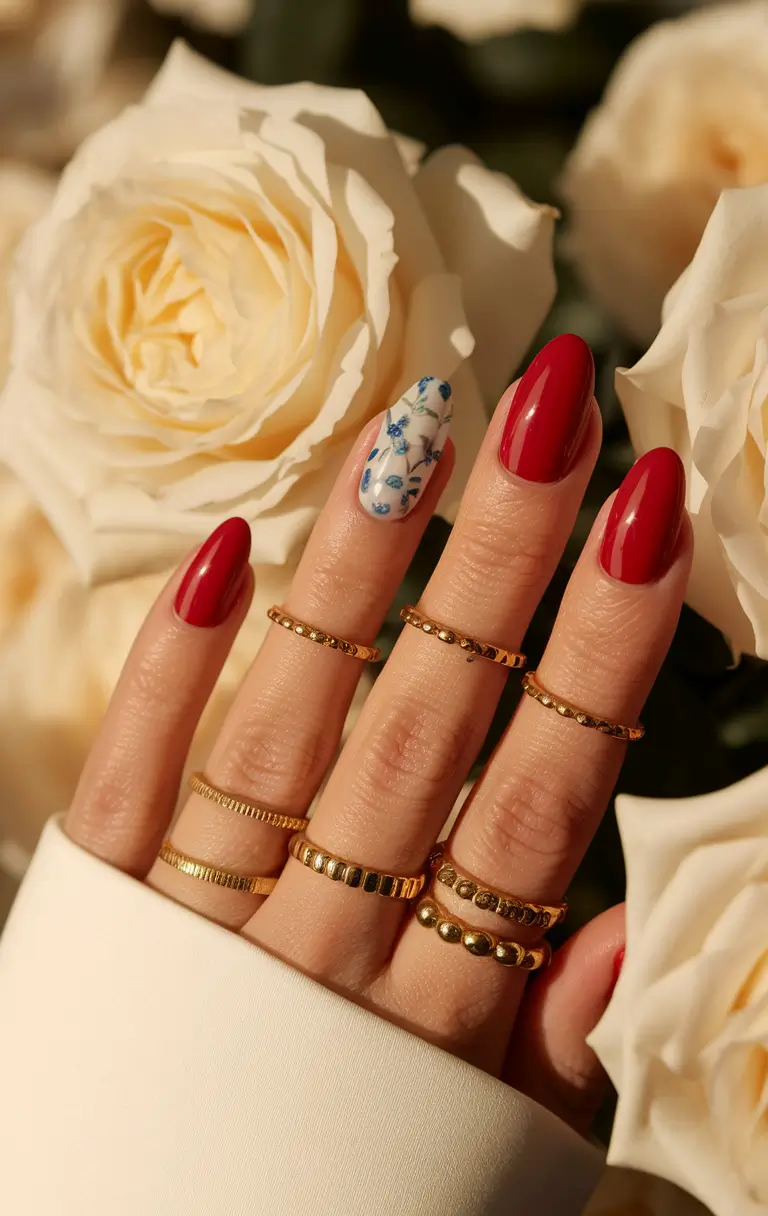 nail inspo for summer 2025 Classic Red with Delicate Floral Accent