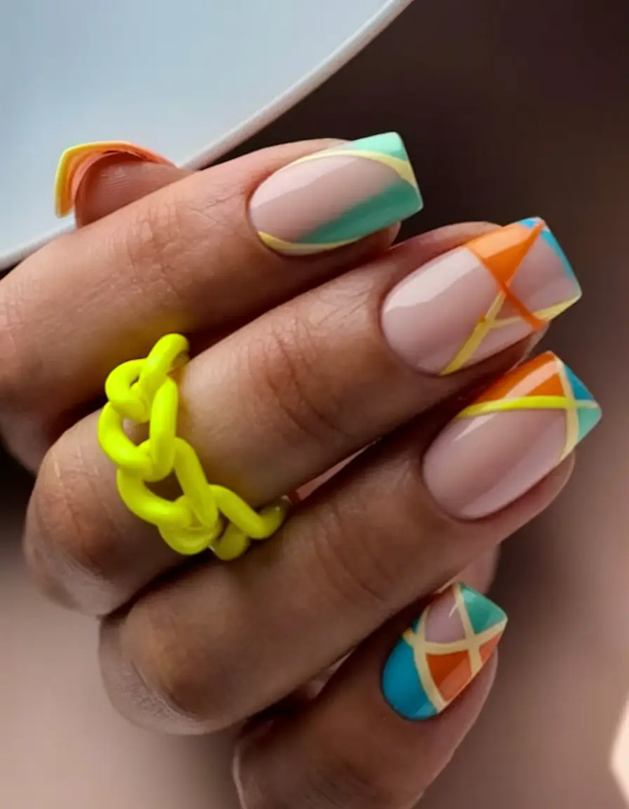 nail inspo for summer 2025 Neon Geometric French Tips