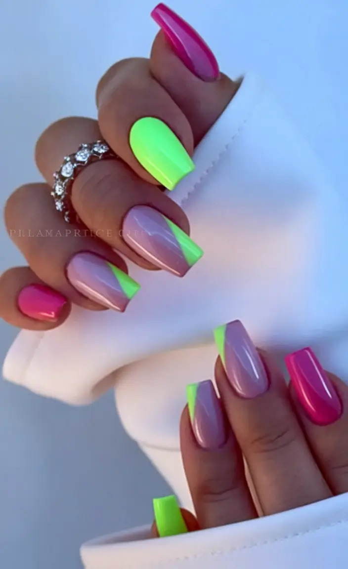 nail inspo for summer 2025 Neon Pink Meets Green with Angled Tips