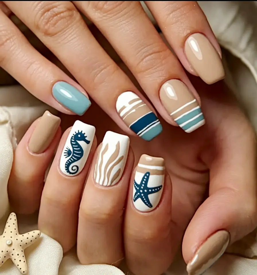 nail inspo for summer 2025 Coastal Navy and Sand Stripes