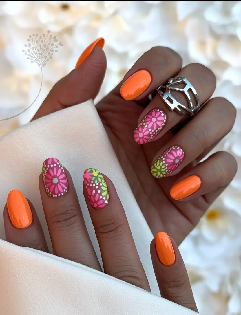 nail inspo for summer 2025 Bold Florals Meet Citrus Pop