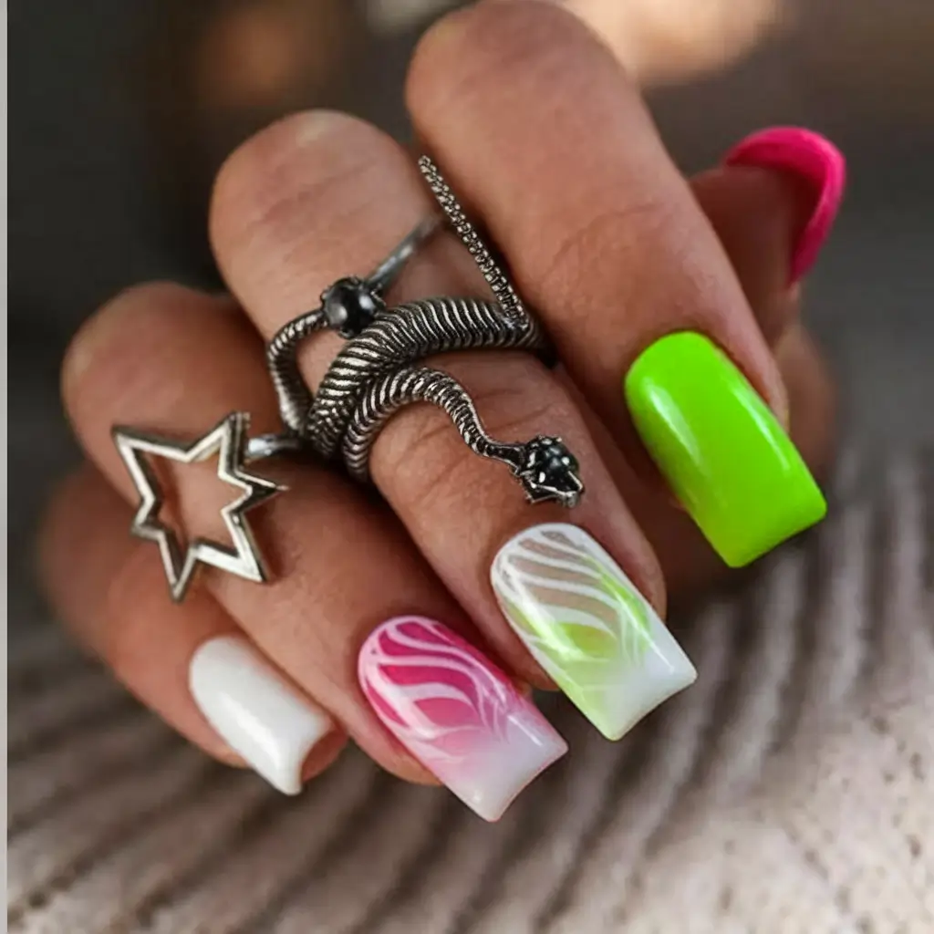 nail inspo for summer 2025 Neon Gradient with Swirled Art