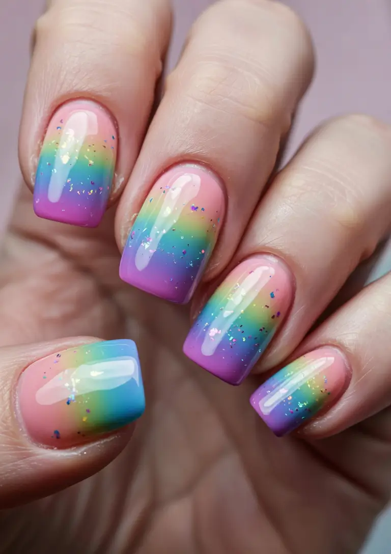 Ombre Looks for Summer 2025 Rainbow Gel Drop with Glitter Fade
