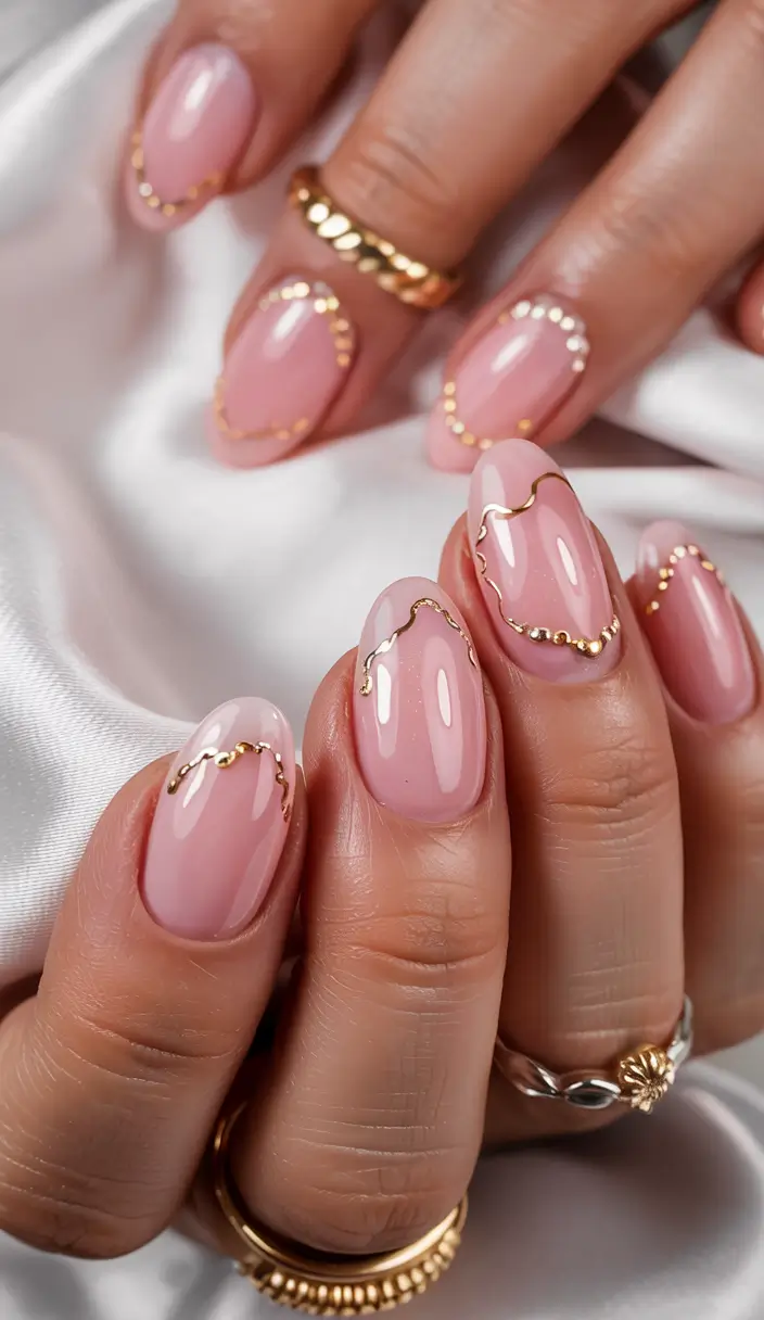 oval nail looks for summer 2025+Golden Trim & Blush Glass