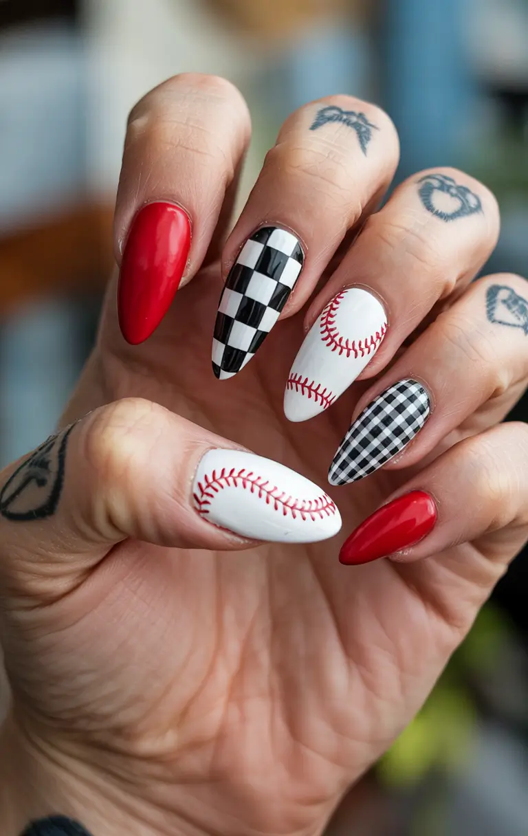oval nail looks for summer 2025 Retro Baseball Meets Checkerboard Chic