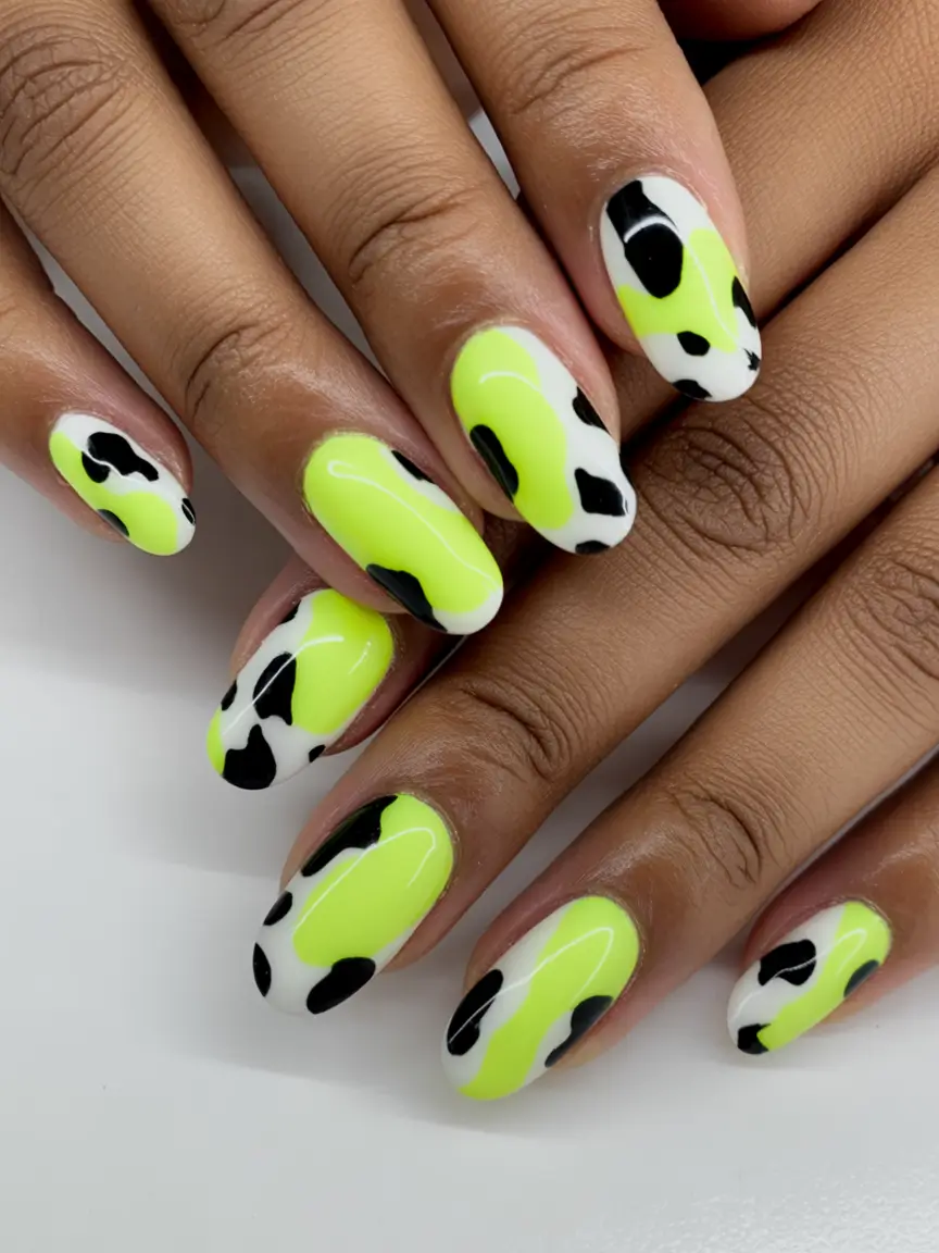 oval nail looks for summer 2025 Neon Cow Print Pop
