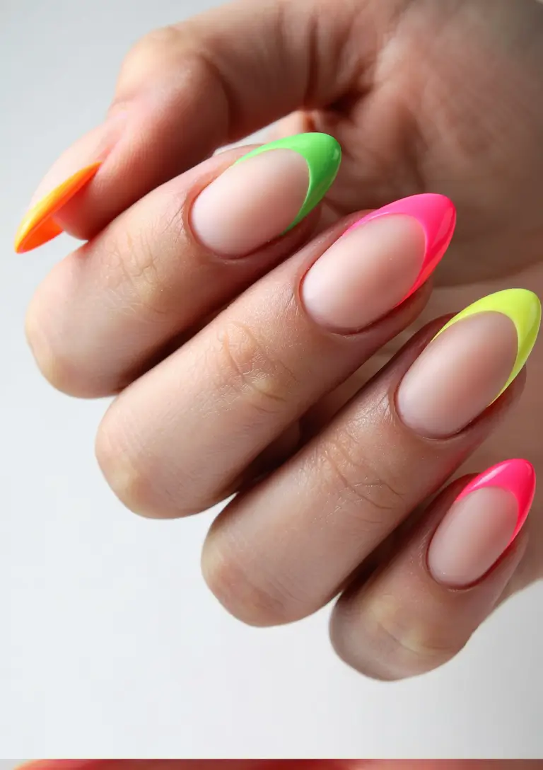 oval nail looks for summer 2025+Neon French Remix