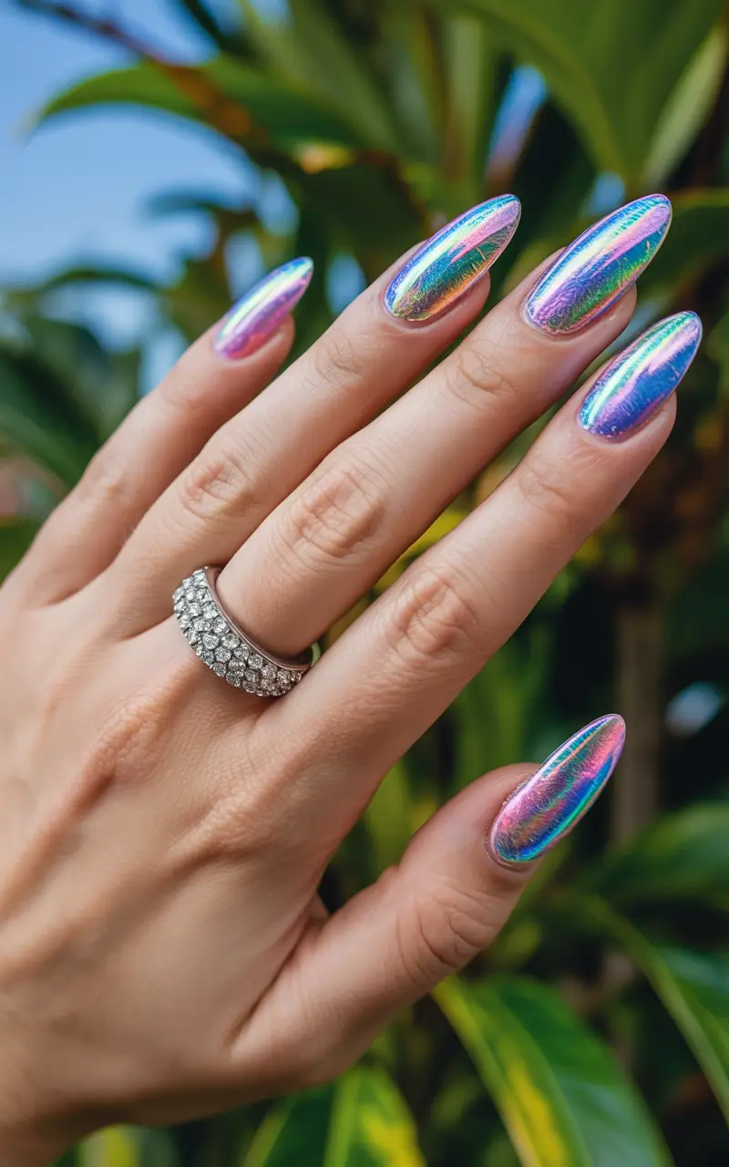oval nail looks for summer 2025+Chrome Siren Shift