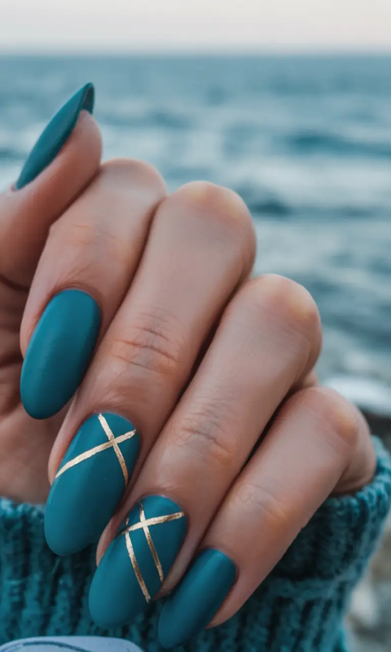 oval nail looks for summer 2025+Ocean Teal With Gold Geometry