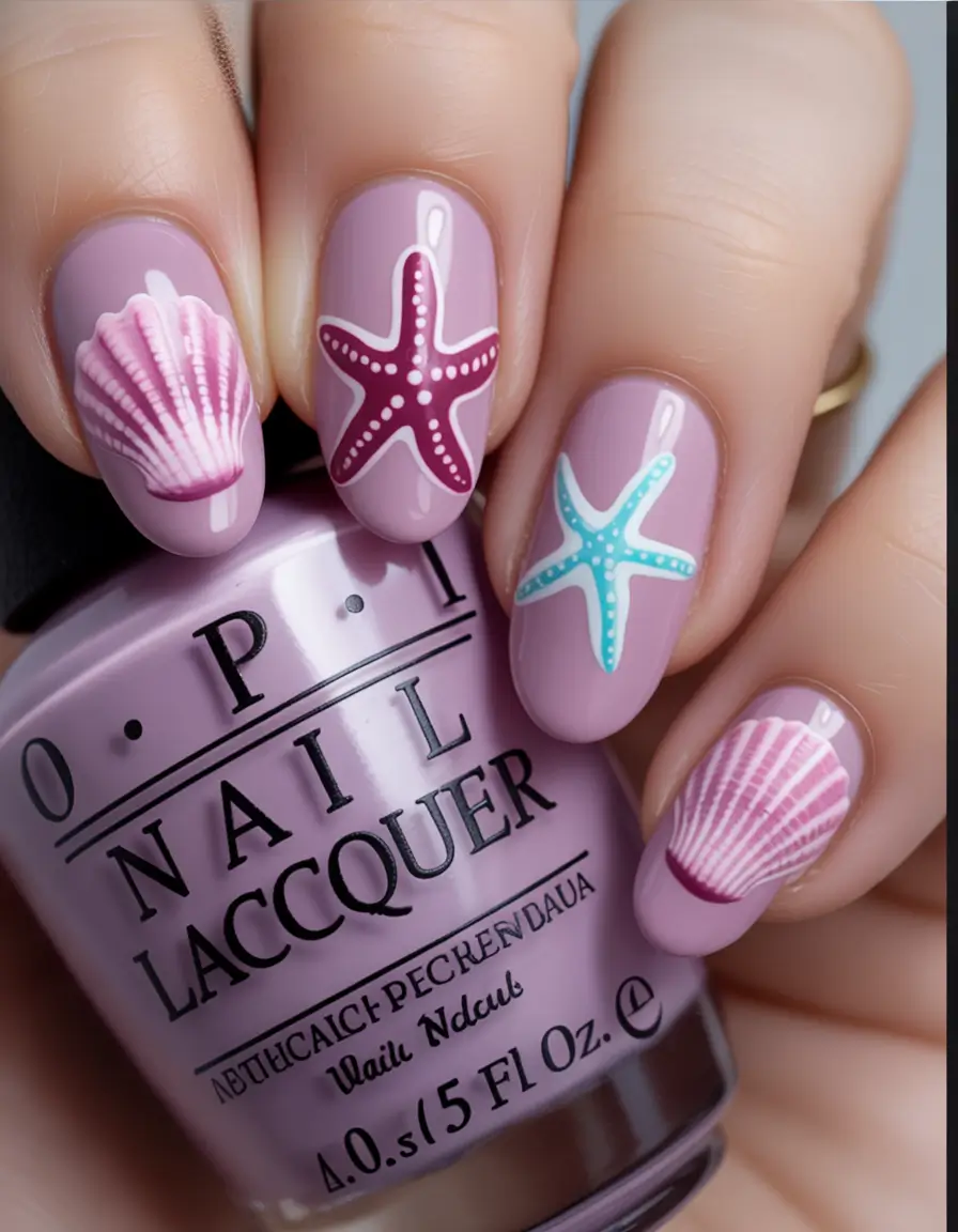 oval nail looks for summer 2025+Seashell Chic With Starfish