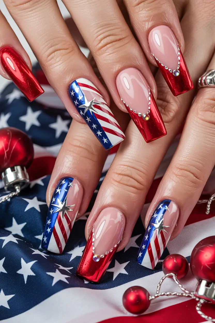 Patriotic Nail Inspo for 4th of July 2025 High-Gloss Americana With Star Accent