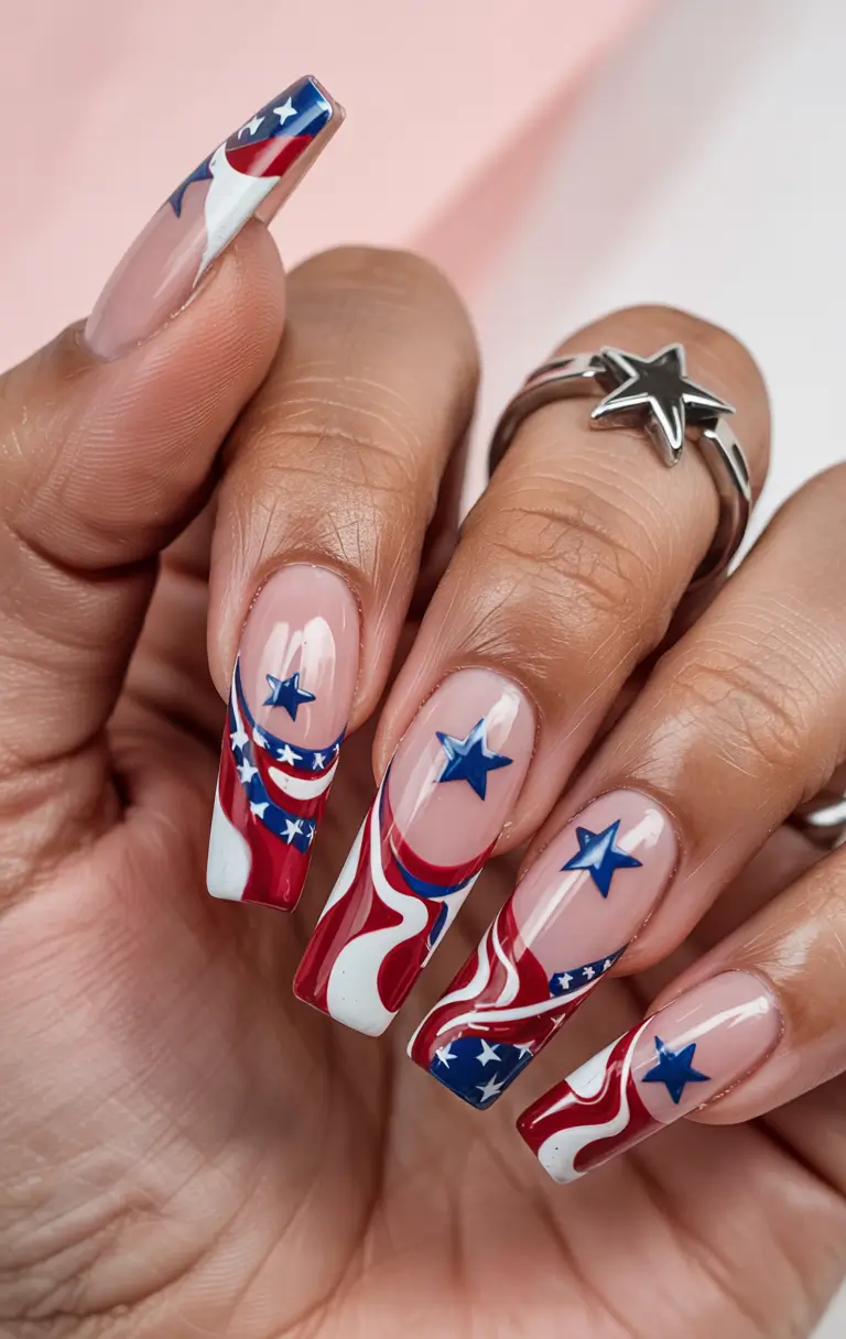 Patriotic Nail Inspo for 4th of July 2025 Wavy Red, White & Blue Freedom Flow