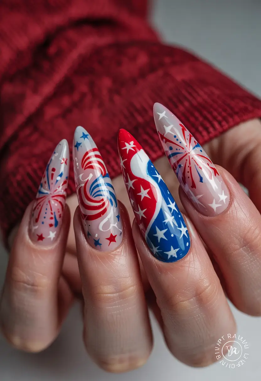 Patriotic Nail Inspo for 4th of July 2025+Firework Finale on Almond Tips