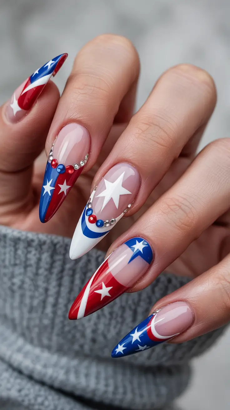 Patriotic Nail Inspo for 4th of July 2025 Bold Stars & Swirls in a Modern Almond Shape