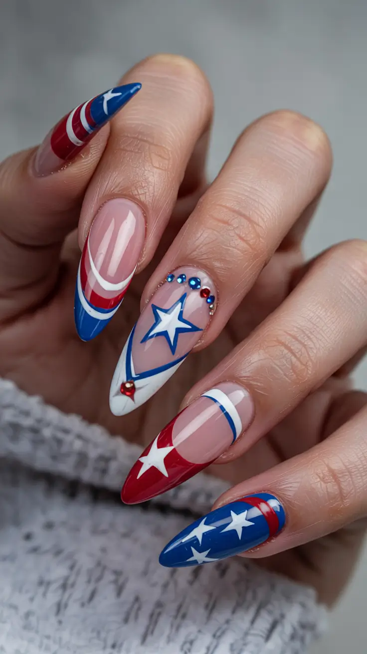 Patriotic Nail Inspo for 4th of July 2025+Gemmed & Glossy Red, White, and Blue