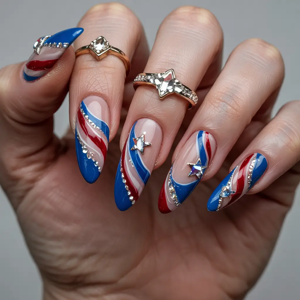 Patriotic Nail Inspo for 4th of July 2025 Swirled Stars with Rhinestone Magic