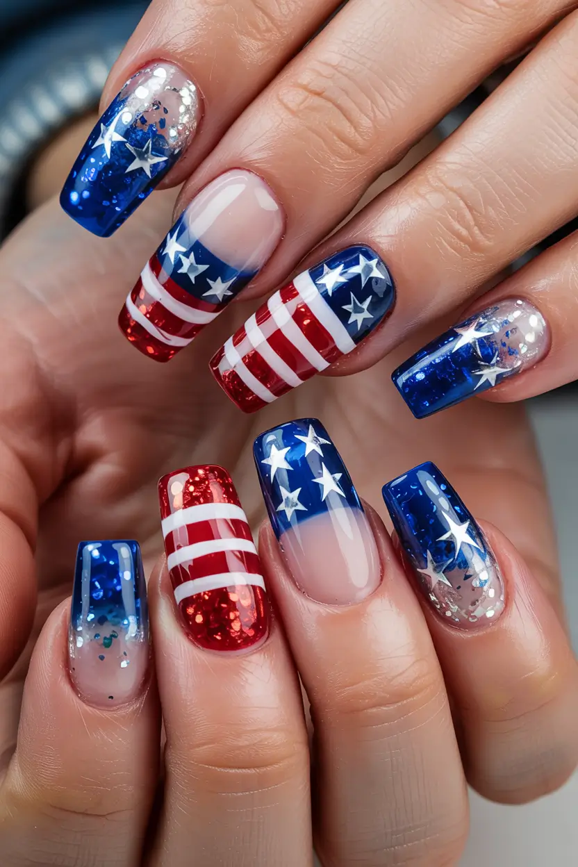 Patriotic Nail Inspo for 4th of July 2025 Star-Spangled Sparkle Ombre