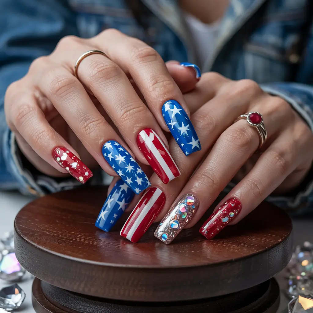 Patriotic Nail Inspo for 4th of July 2025 Stars & Rhinestones on Parade