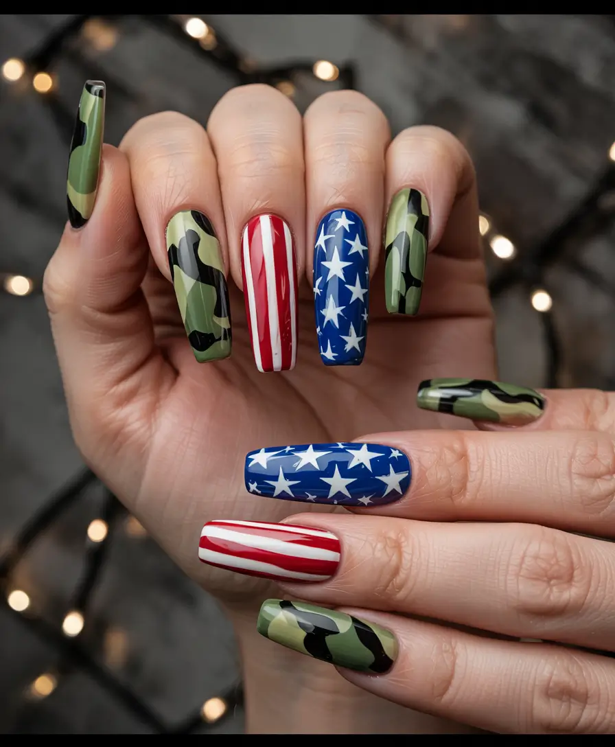 Patriotic Nail Inspo for 4th of July 2025 Classic Camo & Bold Patriot Mix