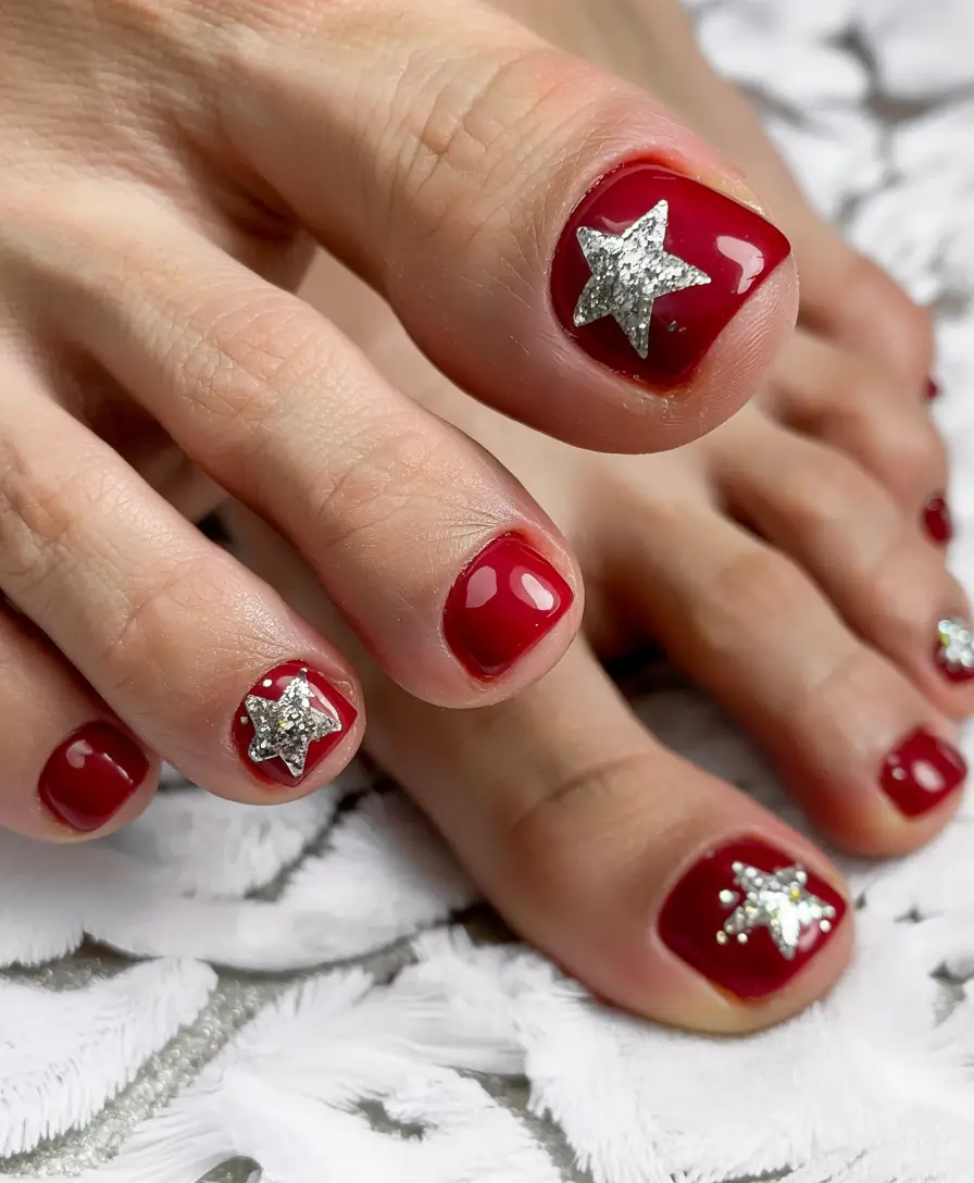 Patriotic Pedis for 4th of July 2025 - Red Stars, Silver Sparkle
