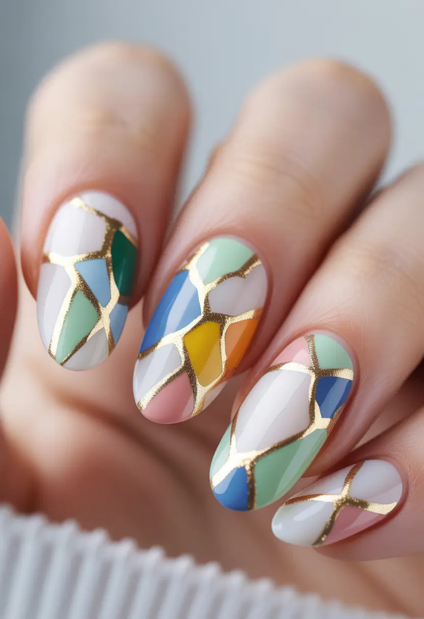 Pretty Nails You’ll Love in 2025 Color Mosaic with Luxe Gold Lining